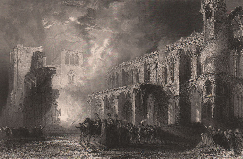 Destruction of Elgin Cathedral by the Wolf of Badenoch, 1390. ALLOM c1840